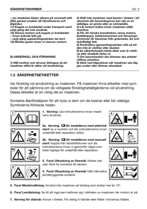 Page 61. Varning: Läs instruktionerna innan maski-
nens används.
2a. Varning: för modellerna med elektrisk
start:ta ur nyckeln och läs instruktionerna innan
underhåll eller reparation utförs.
2b. Varning: för modellerna med manuell
start:koppla från tändstiftshuven och läs
instruktionerna innan ni genomför något som
helst ingrepp för underhåll eller reparation.
3. Fara! Utkastning av föremål:Arbeta inte
utan först ha monterat dit säcken.
4. Fara! Utkastning av föremål:Håll människor
på betryggande avstånd.
5....