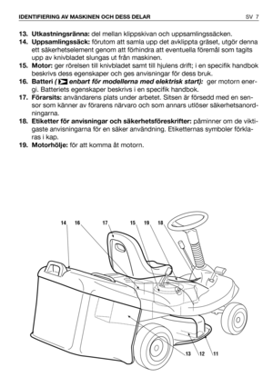 Page 813. Utkastningsränna:del mellan klippskivan och uppsamlingssäcken.  
14. Uppsamlingssäck:förutom att samla upp det avklippta gräset, utgör denna
ett säkerhetselement genom att förhindra att eventuella föremål som tagits
upp av knivbladet slungas ut från maskinen.
15. Motor: ger rörelsen till knivbladet samt till hjulens drift; i en specifik handbok
beskrivs dess egenskaper och ges anvisningar för dess bruk.
16. Batteri (  enbart för modellerna med elektrisk start):  ger motorn ener-
gi. Batteriets...