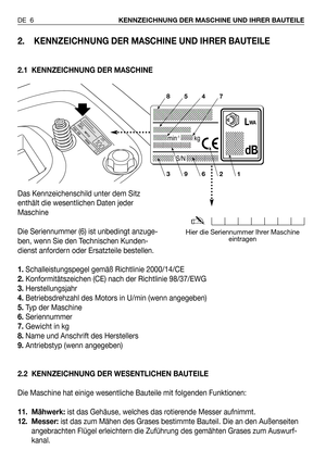 Page 72. KENNZEICHNUNG DER MASCHINE UND IHRER BAUTEILE
2.1 KENNZEICHNUNG DER MASCHINE
Das Kennzeichenschild unter dem Sitz 
enthält die wesentlichen Daten jeder
Maschine
Die Seriennummer (6) ist unbedingt anzuge-
ben, wenn Sie den Technischen Kunden-
dienst anfordern oder Ersatzteile bestellen.
1.Schalleistungspegel gemäß Richtlinie 2000/14/CE
2.Konformitätszeichen (CE) nach der Richtlinie 98/37/EWG 
3.Herstellungsjahr
4.Betriebsdrehzahl des Motors in U/min (wenn angegeben)
5.Typ der Maschine
6.Seriennummer...