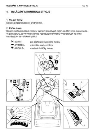 Page 144. OVLÁDÁNÍ A KONTROLA STROJE
1. VOLANT ŘÍZENÍ
Slouží k ovládání natočení předních kol.
2. P
ÁČKA PLYNU
Slouží k nastavení otáček motoru. Význam jednotlivých poloh, do kterých je možné nasta-
vit páčku plynu, je vysvětlen pomocí nasledujících symbolů vyobrazených na štítku
nacházejícím se v blízkosti páčky.
«START»  pro startování studeného motoru
«POMALU»  minimální otáčky motoru
«RYCHLE»   maximální otáčky motoru
CS 13 OVLÁDÁNÍ  A KONTROLA STROJE
1
2
A
B3B
A
6
1234567
7
54 