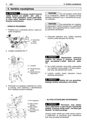 Page 153Pavojinga naudoti motorin∞
varikl∞, kuriame yra pažeist  dali  arba j
trksta. Prieš paleisdami varikl∞ patikrinkite,
ar visos dalys, ∞skaitant strypà ir grandin∏,
tinkamai sumontuotos.
•VARIKLIO PALEIDIMAS
1. Pripilkite kuro ir grandinòs alyvos ir gerai pri-
sukite dangtelius.
2. Jungikl∞ nustatykite ties “I”.
3. Patraukite oro mygtukà nustatydami j∞ ∞ antrà-
jà pozicijà. Oras užsidarys ir akceleratorius
bus nustatytas ∞jungimo padòtyje. 
!DñMESIO!Kai vòl ∞jungiate varikl∞ iškart
po jo sustabdymo,...