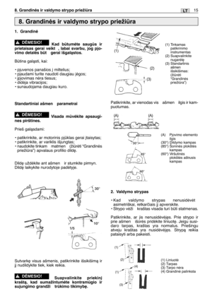 Page 16015LT8. Grandinòs ir valdymo strypo priežira
1. Grandinò
Kad btumòte saugs ir
prietaisas gerai veikt , labai svarbu, jog pjo-
vimo detalòs bt  gerai išgalàstos.
Btina galàsti, kai:
• pjuvenos panašios ∞ miltelius;
• pjaudami turite naudoti daugiau jògos;
• ∞pjovimas nòra tiesus;
• didòja vibracijos;
• sunaudojama daugiau kuro.
Standartiniai ašmen  parametrai
Visada mvòkite apsaugi-
nes pirštines.
Prieš galàsdami:
• patikrinkite, ar motorinis pjklas gerai ∞taisytas;
• patikrinkite, ar variklis...