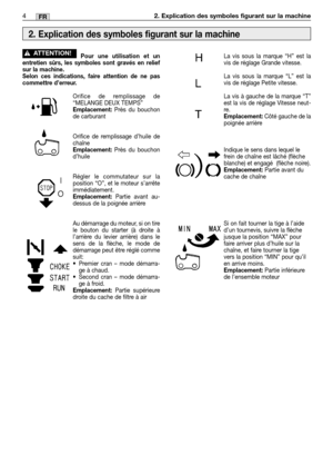 Page 1974MM4FR2. Explication des symboles figurant sur la machine
Pour une utilisation et un
entretien sûrs, les symboles sont gravés en relief
sur la machine.
Selon ces indications, faire attention de ne pas
commettre d’erreur.
Orifice de remplissage de
“MELANGE DEUX TEMPS”
Emplacement:Près du bouchon
de carburant
Orifice de remplissage d’huile de
chaîne
Emplacement:Près du bouchon
d’huile
Régler le commutateur sur la
position “O”, et le moteur s’arrête
immédiatement.
Emplacement:Partie avant au-
dessus de la...