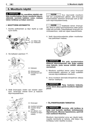 Page 25On vaarallista käyttää vial-
lista moottorisahaa. Ennen moottorin käynni-
stämistä, varmista kaikkien osien, mukaan
lukien terälevyn ja ketjun asennus.
•MOOTTORIN KÄYNNISTYS
1. Suorita polttoaineen ja öljyn täyttö ja sulje
hyvin korkit.
2. Vie katkaisin asentoon “I”.
3. Vedä ilmanuppia vieden sen toiseen asen-
toon. Ilmanuppi menee kiinni ja kaasutin
käynnistysasentoon.
!VAROITUS!Kun käynnistät moottorin
heti sen pysäyttämisen jälkeen, jätä ilmanuppi
ensimmäiseen asentoon (ilmanuppi auki ja kaa-
sutin...