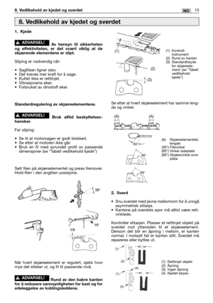 Page 6415NO8. Vedlikehold av kjedet og sverdet
1. Kjede
Av hensyn til sikkerheten
og effektiviteten, er det svært viktig at de
skjærende elementene er slipt.
Sliping er nødvendig når:
•Sagfilsen ligner støv.
•Det kreves mer kraft for å sage.
•Kuttet ikke er rettlinjet.
•Vibrasjonene øker.
•Forbruket av drivstoff øker.
Standardregulering av skjæreelementene.
Bruk alltid beskyttelses-
hansker.
Før sliping:
•Se til at motorsagen er godt blokkert.
•Se etter at motoren ikke går.
•Bruk en fil med avrundet profil av...