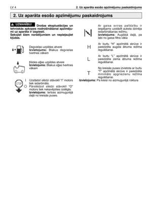 Page 165LV  42. Uz aparÇta esošo apz¥mïjumu paskaidrojums
Drošas ekspluatÇcijas un
tehniskÇs apkopes nodrošinÇšanai apz¥mïju-
mi uz aparÇta ir izspiesti.
Sekojiet šiem norÇd¥jumiem un nepie∫aujiet
k∫das.
Degvielas uzpildes atvereIzvietojums:Blakus degvielas
tvertnes vÇkam
µïdes e∫∫as uzpildes atvere
Izvietojums:Blakus e∫∫as tvertnes
vÇkam
UzstÇdot slïdzi stÇvokl¥ “I” motors
tiek iedarbinÇts.
PÇrslïdzot slïdzi stÇvokl¥ “O”
motors tiek nekavïjoties izslïgts.
Izvietojums:Ier¥ces aizmugurïjÇ
da∫Ç no kreisÇs puses....