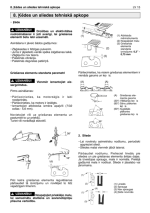 Page 176•µïde
Droš¥bas un efektivitÇtes
nodrošinÇšanai ir ∫oti svar¥gi, lai griešanas
elementi btu labi uzasinÇti.
AsinÇšana ir jÇveic šÇdos gad¥jumos:
• ZÇÆskaidas ir l¥dz¥gas pulverim.
• Jums ir jÇpielieto vairÇk spïka zÇÆïšanas laikÇ.
• ZÇÆïjums nav taisns.
• PalielinÇs vibrÇcija.
• PalielinÇs degvielas patïri¿š.
Griešanas elementu standarta parametri
Vienmïr izmantojiet aiz-
sargcimdus.
.
Pirms asinÇšanas:
• PÇrliecinieties, ka motorzÇÆis ir labi
nostiprinÇts.
• PÇrliecinieties, ka motors ir izslïgts.
•...