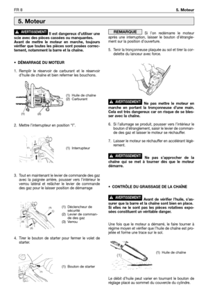 Page 201Si l’on redémarre le moteur
après une interruption, laisser le bouton d’étrangle-
ment sur la position d’ouverture.
5. Tenir la tronçonneuse plaquée au sol et tirer la cor-
delette du lanceur avec force.
Ne pas mettre le moteur en
marche en portant la tronçonneuse d’une main.
Cela est très dangereux car on risque de se bles-
ser avec la chaîne.
6. Si l’allumage se produit, pousser vers l’intérieur le
bouton d’étranglement, saisir le levier de comman-
de des gaz et laisser le moteur se réchauffer.
7....