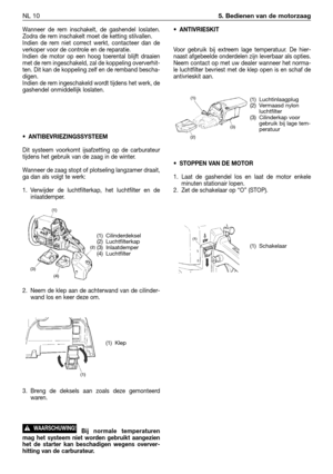 Page 235Wanneer de rem inschakelt, de gashendel loslaten.
Zodra de rem inschakelt moet de ketting stilvallen.
Indien de rem niet correct werkt, contacteer dan de
verkoper voor de controle en de reparatie.
Indien de motor op een hoog toerental blijft draaien
met de rem ingeschakeld, zal de koppeling oververhit-
ten. Dit kan de koppeling zelf en de remband bescha-
digen.
Indien de rem ingeschakeld wordt tijdens het werk, de
gashendel onmiddellijk loslaten.
•ANTIBEVRIEZINGSSYSTEEM
Dit systeem voorkomt ijsafzetting...