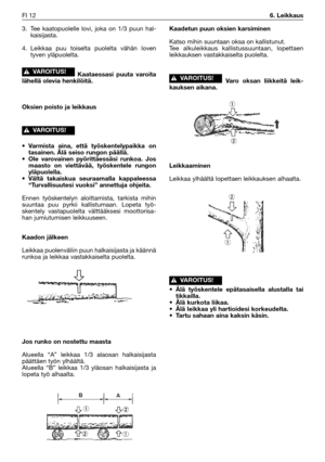 Page 293. Tee kaatopuolelle lovi, joka on 1/3 puun hal-
kaisijasta.
4. Leikkaa puu toiselta puolelta vähän loven
tyven yläpuolelta.
Kaataessasi puuta varoita
lähellä olevia henkilöitä.
Oksien poisto ja leikkaus
•Varmista aina, että työskentelypaikka on
tasainen. Älä seiso rungon päällä.
•Ole varovainen pyörittäessäsi runkoa. Jos
maasto on viettävää, työskentele rungon
yläpuolella.
•Vältä takaiskua seuraamalla kappaleessa
“Turvallisuutesi vuoksi” annettuja ohjeita.
Ennen työskentelyn aloittamista, tarkista...