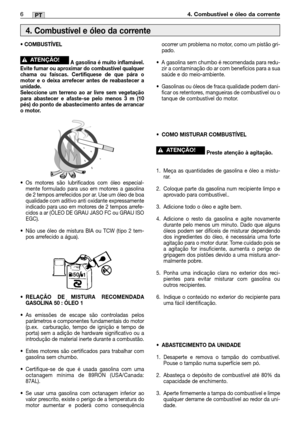 Page 1036MM6PT4. Combustível e óleo da corrente
• COMBUSTÍVEL
A gasolina é muito inflamável.
Evite fumar ou aproximar do combustível qualquer
chama ou faíscas. Certifiquese de que pára o
motor e o deixa arrefecer antes de reabastecer a
unidade. 
Seleccione um terreno ao ar livre sem vegetação
para abastecer e afaste-se pelo menos 3 m (10
pés) do ponto de abastecimento antes de arrancar
o motor.
•Os motores são lubrificados com óleo especial-
mente formulado para uso em motores a gasolina
de 2 tempos arrefecidos...