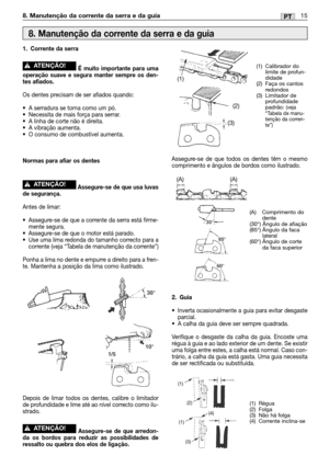 Page 11215PT8. Manutenção da corrente da serra e da guia
1. Corrente da serra
É muito importante para uma
operação suave e segura manter sempre os den-
tes afiados.
Os dentes precisam de ser afiados quando:
•A serradura se torna como um pó.
•Necessita de mais força para serrar.
•A linha de corte não é direita.
•A vibração aumenta.
•O consumo de combustível aumenta.
Normas para afiar os dentes
Assegure-se de que usa luvas
de segurança.
Antes de limar:
•Assegure-se de que a corrente da serra está firme-
mente...