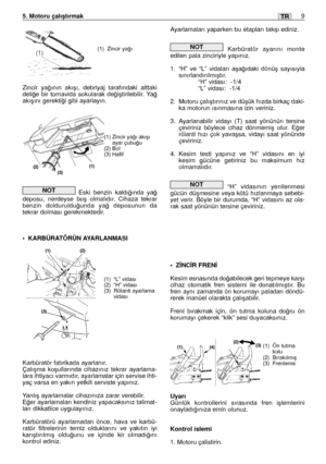 Page 138Zincir ya¤ının akıﬂı, debriyaj tarafındaki alttaki
deli¤e bir tornavida sokularak de¤iﬂtirilebilir. Ya¤
akıﬂını gerekti¤i gibi ayarlayın.  
Eski benzin kaldı¤ında ya¤
deposu, nerdeyse boﬂ olmalıdır. Cihaza tekrar
benzin dolduruldu¤unda ya¤ deposunun da
tekrar dolması gerekmektedir.
•KARBÜRATÖRÜN AYARLANMASI
Karbüratör fabrikada ayarlanır. 
Çalıﬂma koﬂullarında cihazınız tekrar ayarlama-
lara ihtiyacı varmıdır, ayarlamalar için servise ihti-
yaç varsa en yakın yetkili serviste yapınız. 
Yanlıﬂ ayarlamalar...