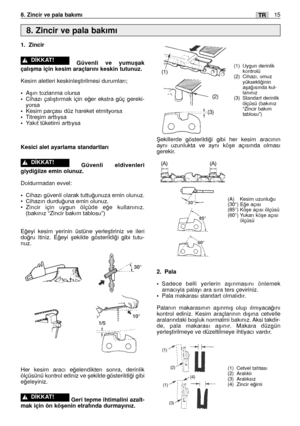 Page 144TR158. Zincir ve pala bakımı
1. Zincir
Güvenli ve yumuﬂak
çalıﬂma için kesim araçlarını keskin tutunuz.
Kesim aletleri keskinleﬂtirilmesi durumları;
•Aﬂırı tozlanma olursa•Cihazı çalıﬂtırmak için e¤er ekstra güç gereki-
yorsa
•Kesim parçası düz hareket etmityorsa•Titreﬂim arttıysa•Yakıt tüketimi arttıysa
Kesici alet ayarlama standartları
Güvenli eldivenleri
giydi¤iize emin olunuz.
Doldurmadan evvel:
•Cihazı güvenli olarak tuttu¤unuza emin olunuz.
•Cihazın durdu¤una emin olunuz.
•Zincir için uygun ölçüde...
