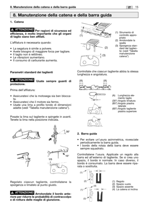 Page 161. Catena
Per ragioni di sicurezza ed
efficienza, è molto importante che gli organi
di taglio siano ben affilati.
L’affilatura è necessaria quando:
•La segatura è simile a polvere.
•Avete bisogno di maggiore forza per tagliare.
•Il taglio non è rettilineo.
•Le vibrazioni aumentano.
•Il consumo di carburante aumenta.
Parametri standard dei taglienti
Usate sempre guanti di
protezione.
Prima dell’affilatura:
•Assicuratevi che la motosega sia ben blocca-
ta.
•Assicuratevi che il motore sia fermo.
•Usate una...