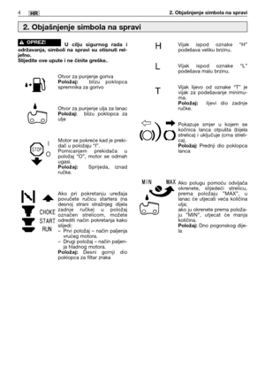 Page 1974HR2. Objašnjenje simbola na spravi
U cilju sigurnog rada i
održavanja, simboli na spravi su otisnuti rel-
jefno. 
Slijedite ove upute i ne činite greške.
.
Otvor za punjenje goriva
Položaj:blizu poklopca
spremnika za gorivo
Otvor za punjenje ulja za lanac
Položaj:blizu poklopca za
ulje
Motor se pokreće kad je preki-
dač u položaju “I”.
Pomicanjem prekidača u
položaj “O”, motor se odmah
ugasi.
Položaj:Sprijeda, iznad
ručke.
Ako pri pokretanju uređaja
povučete ručicu startera (na
desnoj strani stražnjeg...