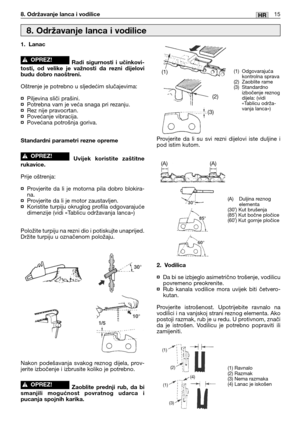 Page 20815HR8. Održavanje lanca i vodilice
1. Lanac
Radi sigurnosti i učinkovi-
tosti, od velike je važnosti da rezni dijelovi
budu dobro naoštreni.
Oštrenje je potrebno u sljedećim slučajevima:
¤Piljevina sliči prašini.¤Potrebna vam je veća snaga pri rezanju.¤Rez nije pravocrtan.¤Povećanje vibracija.¤Povećana potrošnja goriva.
Standardni parametri rezne opreme
Uvijek koristite zaštitne
rukavice.
Prije oštrenja:
¤Provjerite da li je motorna pila dobro blokira-
na.
¤Provjerite da li je motor...