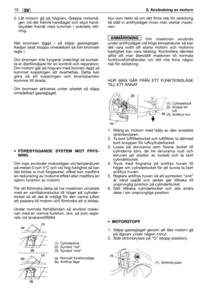 Page 2192. Låt motorn gå på högvarv. Greppa motorså-
gen vid det främre handtaget och skjut hand-
skyddet framåt med tummen i svärdets rikt-
ning. 
När bromsen läggs i så släpp gasreglaget.
Kedjan skall stoppa omedelbart så fort bromsen
lagts i. 
Om bromsen inte fungerar ordentligt så kontak-
ta er återförsäljare för en kontroll och reparation. 
Om motorn går på högvarv med bromen ilagd så
kommer kopplingen att överhettas. Detta kan
göra så att kopplingen och bromsbanden
kommer till skada. 
Om bromsen aktiveras...