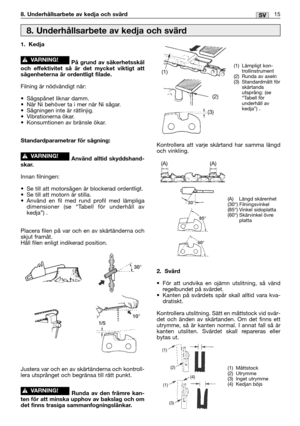 Page 22415SV8. Underhållsarbete av kedja och svärd
1. Kedja
På grund av säkerhetsskäl
och effektivitet så är det mycket viktigt att
sågenheterna är ordentligt filade.
Filning är nödvändigt när:
•Sågspånet liknar damm.
•När Ni behöver ta i mer när Ni sågar.
•Sågningen inte är rätlinjig.
•Vibrationerna ökar.
•Konsumtionen av bränsle ökar.
Standardparametrar för sågning:
Använd alltid skyddshand-
skar.
Innan filningen:
•Se till att motorsågen är blockerad ordentligt.
•Se till att motorn är stilla.
•Använd en fil...