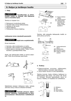 Page 24015FI8. Ketjun ja terälevyn huolto
1. Ketju
Turvallisuuden ja tehok-
kuuden vuoksi on tärkeää, että leikkaavat
osat on teroitettu hyvin.
Teroitus on tarpeen kun:
•Sahanpurut muistuttavat pölyä.
•Tarvitset lisää voimaa leikkauksessa.
•Leikkaus ei ole suora.
•Tärinä lisääntyy.
•Polttoaineen kulutus lisääntyy.
Leikkaavien terien standardit parametrit:
Käytä aina suojakäsineitä.
Ennen teroitusta:
•Varmista, että moottorisaha on lukittu.
•Varmista, että moottori on pysähdyksissä.
•Käytä sopivan kokoista (katso...