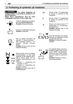 Page 2454MM4DA2. Forklaring af symboler på maskinen
For sikker betjening og
vedligeholdelse er symbolerne udskåret i rel-
ief på maskinen.
Ifølge disse instruktioner skal du være
omhyggelig med ikke at lave nogen fejl.
Hullet til påfyldning af brænd-
stof “BLANDINGSBENZIN”
Position:Brændstofshætte
Hullet til at efterfylde kædeolie
Position:Oliehætte
Når du sætter kontakten på
position I, starter motoren.
Når kontakten sættes i “O”
position, stopper motoren
straks.
Position:Foran øverst på det
bageste håndtag....