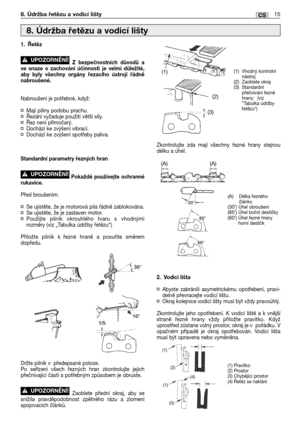Page 2881. Řetěz
Zbezpečnostních důvodů a
ve snaze o zachování účinnosti je velmi důležité,
aby byly všechny orgány řezacího ústrojí řádně
nabroušené. 
Nabroušení je potřebné, když:
¤Mají piliny podobu prachu.
¤Řezání vyžaduje použití větší síly.
¤Řez není přímočarý.
¤Dochází ke zvýšení vibrací.
¤Dochází ke zvýšení spotřeby paliva.
Standardní parametry řezných hran
Pokaždé používejte ochranné
rukavice.
Před broušením:
¤Se ujistěte, že je motorová pila řádně zablokována.
¤Se ujistěte, že je zastaven motor....