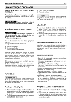 Page 114SUBSTITUIÇÃO DO FIO DA CABEÇA DE APA-
RAR RELVA
Para substituir o fio de nylon, siga as instruções
presentes na cabeça (fio integrante no exterior
do folheto).
Nunca substitua o fio de
nylon por fio de outro material (ex. arame).
AFIAÇÃO DO DISCO DE 3 OU 4 PONTAS.
Desmonte o cachimbo da
vela antes de afiar.  Para afiar a lâmina, use
um par de luvas para evitar cortes. 
Perigo de lesões graves.
Afie os discos com uma lima chata apropriada
(fig. 23).
Na Figura 24 e 25 estão ilustradas:
A) Afiação...