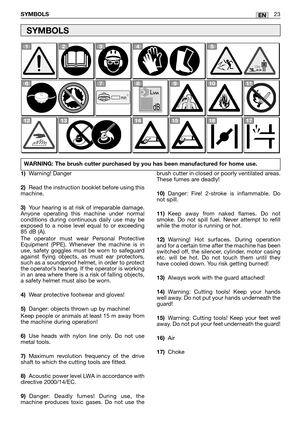 Page 241)Warning! Danger
2)Read the instruction booklet before using this
machine.
3)Your hearing is at risk of irreparable damage.
Anyone operating this machine under normal
conditions during continuous daily use may be
exposed to a noise level equal to or exceeding
85 dB (A). 
The operator must wear Personal Protective
Equipment (PPE). Whenever the machine is in
use, safety goggles must be worn to safeguard
against flying objects, as must ear protectors,
such as a soundproof helmet, in order to protect
the...