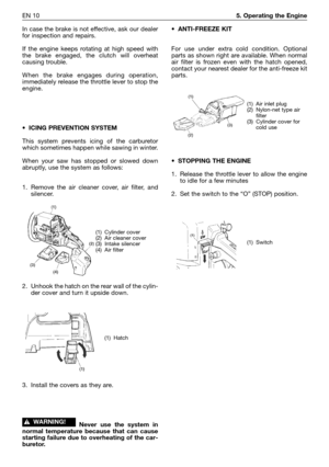 Page 27EN 105. Operating the Engine
In case the brake is not effective, ask our dealer
for inspection and repairs.
If the engine keeps rotating at high speed with
the brake engaged, the clutch will overheat
causing trouble.
When the brake engages during operation,
immediately release the throttle lever to stop the
engine.
• ICING PREVENTION SYSTEM
This system prevents icing of the carburetor
which sometimes happen while sawing in winter.
When your saw has stopped or slowed down
abruptly, use the system as...