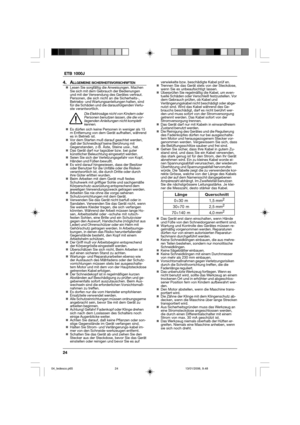 Page 2424  ETB 1000J
4. ALLGEMEINE SICHERHEITSVORSCHRIFTEN„Lesen Sie sorgfältig die Anweisungen. Machen
Sie sich mit dem Gebrauch der Bedienungen
und mit der Verwendung des Gerätes vertraut.
Personen, die sich nicht an die Sicherheits-,
Betriebs- und Wartungsanleitungen halten, sind
für die Schäden und die darausfolgenden Verlu-
ste verantwortlich.
Die Elektrosäge nicht von Kindern oder
Personen benutzen lassen, die die vor-
liegenden Anleitungen nicht komplett
kennen.
„Es dürfen sich keine Personen in weniger...
