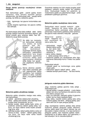 Page 168Saugi darbo pozicija naudojimui dviem
rankomis
Kad darbuotojai galòt  paimti pjklà dviem
rankomis, kaip bendra taisyklò galioja
reikalavimas, jog darbuotojai sekt  saugià darbo
pozicijà, kai dirba su veikianãiu pjklu:
•klub  lygmenyje, kai pjauna horizontalias sek-
cijas,
•saulòs rezginio lygmenyje, kai pjauna vertika-
lias sekcijas.
Kai darbuotojas dirba šalia vertikali  stieb  darbo
pozicijà veikiant žemoms šoninòms jògoms, gali
btnai prireikti gero atramos taško, kad bt
išlaikoma saugi darbo...