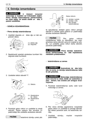 Page 191Ir b¥stami izmantot
motorzÇÆi ar bojÇtÇm vai trkstošÇm da∫Çm.
Pirms dzinïja iedarinÇšanas pÇrliecinieties,
ka visas da∫as, tai skaitÇ sliede un  ïde, ir
pareizi uzstÇd¥tas.
•DZINîJA IEDARBINÅŠANA
•Pirms dzinïja iedarbinÇšanas
1.Uzpildiet degvielu un  ïdes e∫∫u un labi aiz-
grieziet vÇkus.
2. NepÇrtraukti spiediet aizdedzes bumbieri l¥dz
degviela ietek bumbierï.
3. UzstÇdiet slïdzi stÇvokl¥ "I".
4. Pavelciet gaisa rokturi un uzstÇdiet to otrajÇ
stÇvokl¥. Gaisa padeve tiks aizvïrta un
paÇtrinÇtÇjs...