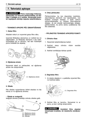 Page 196Pirms motorzÇÆa t¥r¥šanas,
pÇrbaudes vai remonta pÇrliecinieties, ka dzi-
nïjs ir izslïgts un ir auksts. Atvienojiet sveci,
lai nepie∫autu dzinïja nejaušu iedarbinÇšanu.
•TEHNISKÅ APKOPE PîC IZMANTOŠANAS 
1. Gaisa filtrs
Atlaidiet rokturi un no¿emiet gaisa filtra vÇku.
Iz¿emiet filtrïjošos elementus un not¥riet tos no
zÇÆskaidÇm. Ja filtrïjošie elementi ir ∫oti net¥ri,
izmazgÇjiet tos ar benz¥nu, tad labi nožÇvïjiet
pirms uzstÇdÇt tos atpaka∫.
2. E∫∫ošanas atvere
No¿emiet sliedi un pÇrbaudiet, vai...