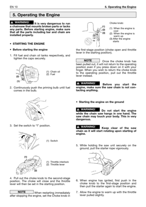 Page 209EN 105. Operating the Engine
It is very dangerous to run
a chainsaw that mounts broken parts or lacks
any parts. Before starting engine, make sure
that all the parts including bar and chain are
installed properly.
•STARTING THE ENGINE
•Before starting the engine
1. Fill fuel and chain oil tanks respectively, and
tighten the caps securely.
2. Continuously push the priming bulb until fuel
comes in the bulb.
3. Set the switch to “I” position.
4. Pull out the choke knob to the second-stage
position. The...