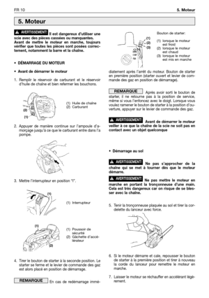 Page 227diatement après l’arrêt du moteur. Bouton de starter
en première position (starter ouvert et levier de com-
mande des gaz en position de démarrage).
Après avoir sorti le bouton de
starter, il ne retourne pas à la position de service,
même si vous l’enfoncez avec le doigt. Lorsque vous
voulez ramener le bouton de starter à la position d’ou-
verture, appuyer sur le levier de commande des gaz.
Avant de démarrer le moteur
veiller à ce que la chaîne de la scie ne soit pas en
contact avec un objet quelconque...