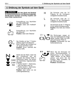 Page 241DE 62. Erklärung der Symbole auf dem Gerät
Auf dem Gerät sind Symbole
für Sicherheitsfunktionen und Wartung eingeprägt.
Gemäß diesen Anzeigen vorsichtig vorgehen und
keine Fehler machen.errori.
Einlassöffnung zum Nachfüllen
von “MIX GASOLINE“
Position:neben dem Kraftstoff-
deckel
Einlassöffnung zum Nachfüllen
des Kettenöls
Position:neben dem Öldeckel
Den Schalter auf das “l“ Position
stellend, beginnt die Maschine.
Durch Stellung des Schalters auf
“O“ stoppt der Motor sofort.
Position:Vorne, oberhalb...