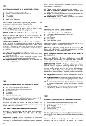 Page 1210
IDENTIFIKACIJSKA NALEPKA IN SESTAVNI DELI STROJA
1.
Nivo ropota po določilu 2000/14/CE2.Oznaka o ustreznosti po določilu 98/37/CEE3.Leto izdelave4.Tip kosilnice5.Serijska številka6.Ime in naslov izdelovalca
Takoj po nabavi stroja, prepišite identifikacijske številke (3 - 5 - 6) v
za to določene prostore na zadnji strani priročnika.
11.Podvozje   12.Motor   13.Rezilo   14.Ščitnik za kamenje   15.Košara za travo   16.Ročaj   17.Ročica plina   18.Vzvod za zavo-
ro motorja   19.Vzvod za vklop vlečnega...