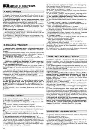 Page 2220
NORME DI SICUREZZADA OSSERVARE SCRUPOLOSAMENTE
1) Leggere attentamente le istruzioni. Prendere familiarità con i
comandi e con un uso appropriato del rasaerba. Imparare ad arre-
stare rapidamente il motore.
2) 
Utilizzate il rasaerba per lo scopo al quale è destinato, cioè il
taglio e la raccolta dell’erba.Qualsiasi altro impiego può rivelarsi
pericoloso e causare il danneggiamento della macchina.
3) Non permettere mai che il rasaerba venga utilizzato da bambini o
da persone che non abbiano la...