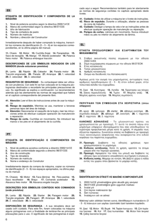 Page 86
ETIQUETA DE IDENTIFICACIÓN Y COMPONENTES DE LA
MÁQUINA
1.
Nivel de potencia acústica según la directiva 2000/14/CE2.Marca de conformidad según la directiva 98/37/CEE3.Año de fabricación4.Tipo de cortadora de pasto5.Número de matrícula6.Nombre y dirección del Constructor
Inmediatamente después de haber comprado la máquina, transcri-
bir los números de identificación (3 – 5 – 6) en los espacios corres-
pondientes, en la última página del manual.
11.Chasis   12.Motor   13.Cuchilla (hoja)   14.Parapiedras...