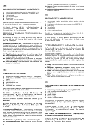 Page 108
MASKINENS IDENTIFIKATIONSSKILT OG KOMPONENTER
1.
Lydtryk i overensstemmelse med EU-direktiv 2000/14/CE2.Overensstemmelsesmerke i henhold til EU-direktiv 98/373.Fabrikationsår4.Type af plæneklipper5.Serienummer6.Fabrikantens navn og adresse
Så snart maskinen er købt, skal identifikationsdataene (pkt. 3 - 5 -
6) noteres i de tilsvarende felter i manualens sidste side.
11.Chassis   12.Motor   13.Kniv   14.Beskyttelsesplade   15.Opsamlingspose   16.Håndtag   17.Gashåndtag   18.Bremsehåndtag...