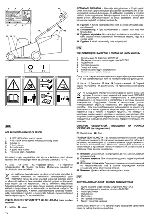 Page 1210
GÉP AZONOSÍTÓ CÍMKÉJE ÉS RÉSZEI 
1.A 2000/14/EK előírás szerinti zajszint2.A 98/37/EGK előírás szerinti minőségazonossági jelzés3.Gyártási év4.A fűnyíró típusa5.Azonosító szám6.A gyártó neve és címe7.Frekvencia szám - feszültség
Közvetlenül a gép megvásárlása után írja be a kézikönyv utolsó oldalántalálható, erre a célra szolgáló helyre az azonosító számokat (3 – 5 – 6).
11. Alváz   12. Motor   13. Vágóaljzat /penge/   14. Védőlemez/kőkidobásgátló/   15.. Fűgyűjtő   16. Tolókar   17. Kapcsoló,...