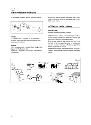Page 1818
Manutenzione ordinaria
ATTENZIONE: operare sempre a motore spento
CATENA
La catena nuova è soggetta ad allungamento,
verificare periodicamente il tensionamento, ove
necessario ripristinare.
BARRA
Pulire periodicamente il canale Ked i fori Lal fine
di garantire l’afflusso di olio.
Ingrassare il pignone a mezzo della siringa fornita
in dotazione.Rovesciare periodicamente la barra al fine di otte-
nere un consumo uniforme della superficie in con-
tatto con la catena.
Affilatura della catena
ATTENZIONE:...