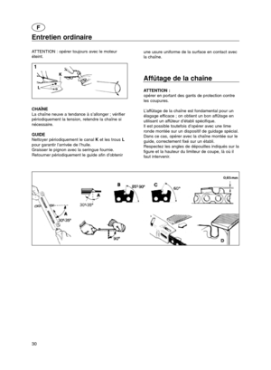 Page 3030
Entretien ordinaire
ATTENTION : opérer toujours avec le moteur
éteint.
CHAÎNE 
La chaîne neuve a tendance à s’allonger ; vérifier
périodiquement la tension, retendre la chaîne si
nécessaire.
GUIDE
Nettoyer périodiquement le canal Ket les trous L
pour garantir l’arrivée de l’huile.
Graisser le pignon avec la seringue fournie.
Retourner périodiquement le guide afin d’obtenirune usure uniforme de la surface en contact avec
la chaîne.
Affûtage de la chaîne 
ATTENTION :
opérer en portant des gants de...