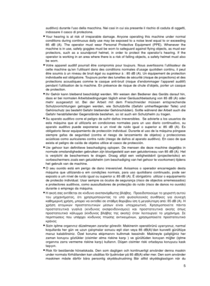 Page 55
auditivo) durante luso della macchina. Nei casi in cui sia presente il rischio di caduta di oggetti,
indossare il casco di protezione.
•Your hearing is at risk of irreparable damage. Anyone operating this machine under normal
conditions during continuous daily use may be exposed to a noise level equal to or exceeding
85 dB (A). The operator must wear Personal Protective Equipment (PPE). Whenever the
machine is in use, safety goggles must be worn to safeguard against flying objects, as must ear...