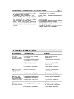 Page 15nera que se consuma todo el carburante quese ha quedado en el carburador.– Dejar enfriar el motor y desmontar la bujía.– Verter en el orificio de la bujía una cucharadade aceite (nuevo) para motores de 2 tiempos.– Tirar varias veces de la manija de arranquepara distribuir el aceite en el cilindro.– Volver a montar la bujía con el pistón en elpunto muerto superior (visible desde el orificiode la bujía cuando el pistón está en su carreramáxima).
• Reanudación de la activación 
Cuando vuelva a poner en...