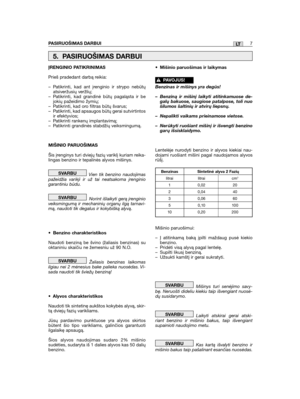 Page 7PASIRUOŠIMAS DARBUI7LT
ĮRENGINIO PATIKRINIMAS
Prieš pradedant darbą reikia:
– Patikrinti, kad ant įrenginio ir strypo nebūtųatsiveržusių veržlių;– Patikrinti, kad grandinė būtų pagaląsta ir bejokių pažeidimo žymių;– Patikrinti, kad oro filtras būtų švarus;– Patikrinti, kad apsaugos būtų gerai sutvirtintosir efektyvios;– Patikrinti rankenų implantavimą;– Patikrinti grandinės stabdžių veiksmingumą.
MIŠINIO PARUOŠIMAS
Šis įrenginys turi dviejų fazių variklį kuriam reika-lingas benzino ir tepalinės alyvos...