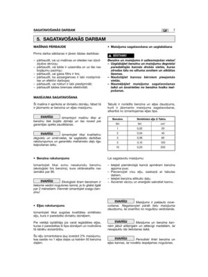 Page 7SAGATAVOŠANĀS DARBAM7LV
MAŠĪNAS PĀRBAUDE
Pirms darba sākšanas ir jāveic šādas darbības:
– pārbaudīt, vai uz mašīnas un sliedes nav izļod-zījušos skrūvju;– pārbaudīt, vai ķēde ir uzasināta un uz tās navbojājumu pazīmju;– pārbaudīt, vai gaisa filtrs ir tīrs;– pārbaudīt, ka aizsargierīces ir labi nostiprinā-tas un efektīvi darbojas;– pārbaudīt, vai rokturi ir labi piestiprināti;– pārbaudīt ķēdes bremzes efektivitāti.
MAISĪJUMA SAGATAVOŠANA
Šī mašīna ir aprīkota ar divtaktu dzinēju, tātad tāir jāizmanto ar...