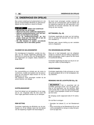 Page 12Een correct onderhoud is fundamenteel om in detijd de oorspronkelijke efficiëntie en gebruiksvei-ligheid van de machine in stand te houden.
Tijdens het onderhoud:– Haal de kap van de bougie.– Wacht tot de motor voldoende afgekoeld is.– Gebruik werkhandschoenen voor het han-teren van het blad en de ketting.– Houd de bladbeschermingen op hunplaats, tenzij aan het blad zelf of aan deketting gewerkt moet worden.– De olie, benzine of andere vervuilendematerialen niet in het milieu gooien.
CILINDER EN...