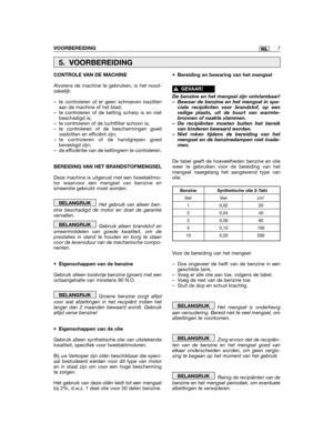 Page 7VOORBEREIDING7NL
CONTROLE VAN DE MACHINE
Alvorens de machine te gebruiken, is het nood-zakelijk:
– te controleren of er geen schroeven loszittenaan de machine of het blad;– te controleren of de ketting scherp is en nietbeschadigd is;– te controleren of de luchtfilter schoon is;– te controleren of de beschermingen goedvastzitten en efficiënt zijn;– te controleren of de handgrepen goedbevestigd zijn;– de efficiëntie van de kettingrem te controleren.
BEREIDING VAN HET BRANDSTOFMENGSEL
Deze machine is...