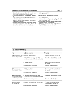 Page 15ända tills den stannar så att allt bränsle somfinns kvar i bränsletanken konsumeras.– Låt motorn kallna och montera bort tändstif-tet.– Häll en tesked olja (ny) för tvåtaktsmotorer, ihålet på tändstiftet.– Dra flera gånger i starthandtaget för att distri-buera olja i cylindern.– Montera tillbaka tändstiftet med kolven på denyttersta övre punkten (syns från skåran påtändstiftet när kolven är i maximal bana).
• Återuppta arbetet 
När man på nytt tar maskinen i funktion:
– Ta bort tändstiftet.– Aktivera...